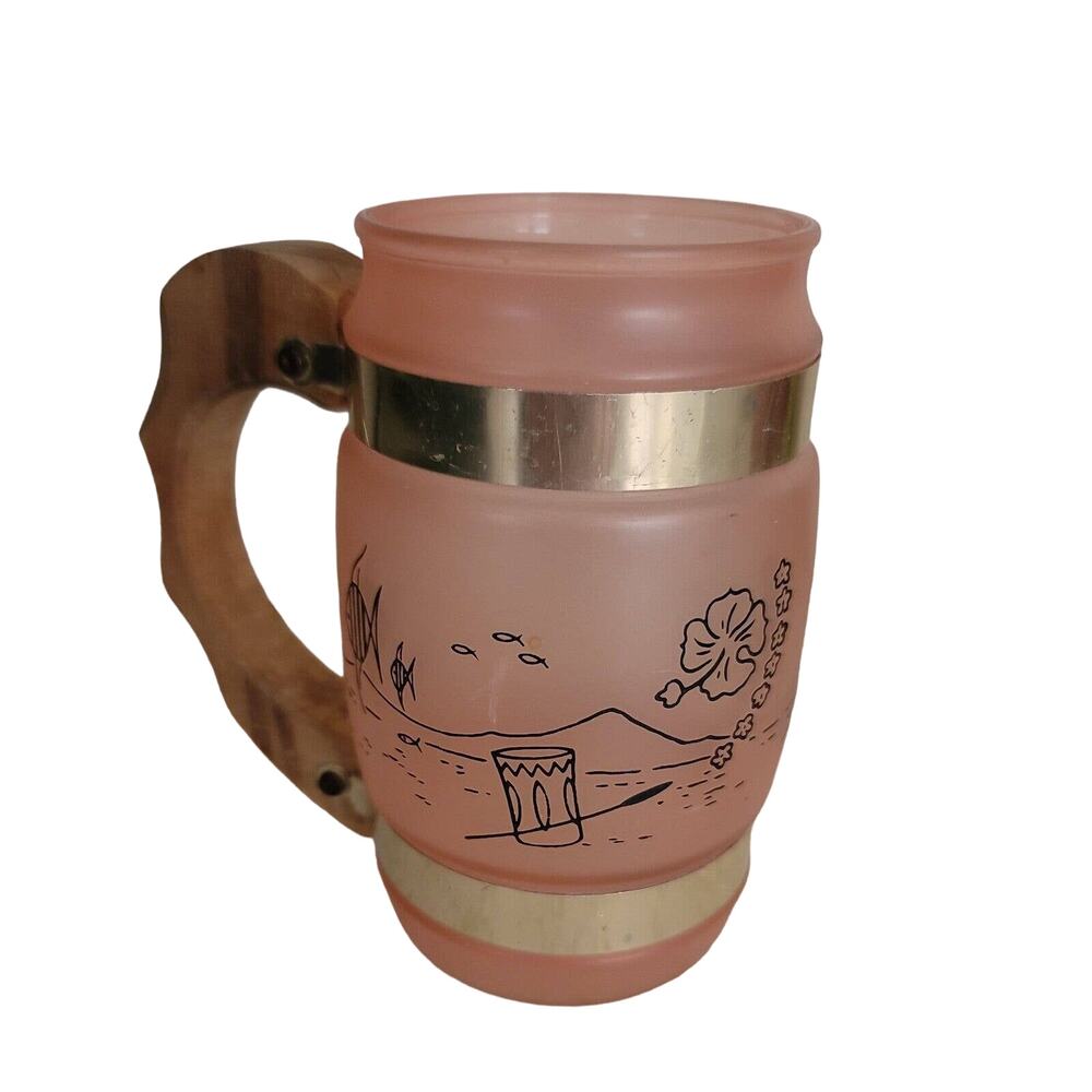 Vtg Siesta Ware Mugs Frosted Glass Hawaiian Tiki Mug w/ Wood Handle, 1960s Beach